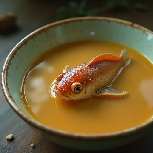 Close-up of a small japanese, swimming inside a plateia of soup. Surrealism.,a fish floating on a bowl filled with liquid,miso,tom yum kung,finch in liquid amber,miso soup,hokkaido soup ginger,pumpkin