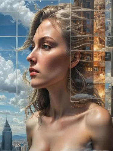 Hanna's face is a mystery as she gazes reverently into the glittering sky, capturing the essence of her magic. The skyscrapers of glass and stone loom behind her, casting a shadow over her body.,world