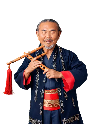 Traditional Chinese musical instrument, ancient China setting, ornate wooden flute, intricate carvings, red tassel, golden accents, worn leather straps, wispy bearded old man, playing with closed eyes