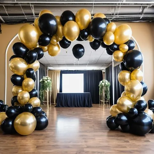 gold and black balloons,balloons mylar,party decorations,party decoration,wedding decorations,penguin balloons,cream and gold foil,foil balloon,corner balloons,gold foil wreath,wedding decoration,balloon envelope,black and gold,emoji balloons,wedding setup,gold foil corner,event venue,party garland,gold foil shapes,contemporary decor