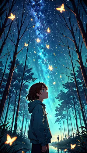 fireflies,hanging stars,falling stars,starry sky,night stars,falling star,the stars,star sky,forest of dreams,firefly,star wood,starlight,stars,shooting stars,stargazing,star winds,star scatter,perseids,starry,the night sky,Anime,Anime,General