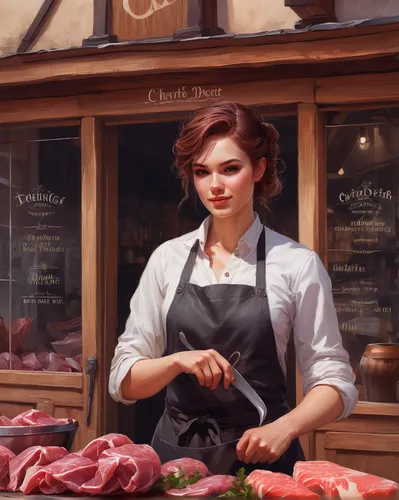 Describe a charming butcher shop in a quaint village.,butcher shop,butcher,digital painting,meat counter,waitress,world digital painting,cooking book cover,girl in the kitchen,butchery,deli,game illus