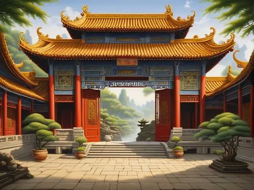 hall of supreme harmony,dojo,buddhist temple,jingshan,qibao,tianxia,asian architecture,white temple,victory gate,xuezhong,the golden pavilion,xiangshan,yangquan,hanzhong,xiangfei,wudang,hanging temple,cartoon video game background,baoqing,hanhwa,Illustration,Abstract Fantasy,Abstract Fantasy 12