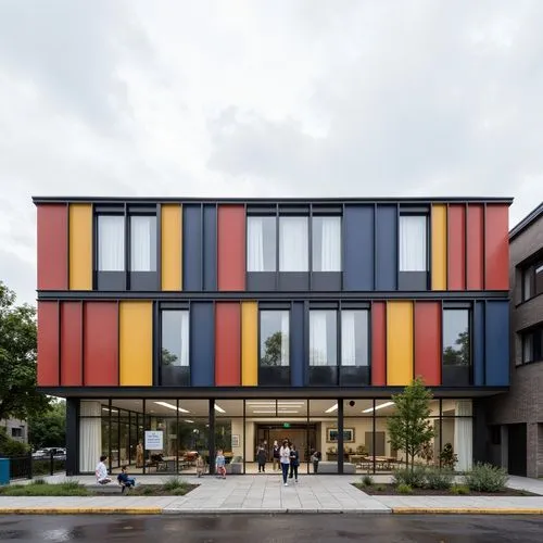 colorful facade,cohousing,macalester,oberlin,school design,modern architecture,multistoreyed,cubic house,orenco,langara,modern building,passivhaus,gensler,bauhaus,new building,facade panels,multifamily,glass facade,reclad,cube house