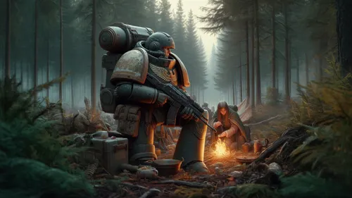 boba fett,woodsman,forest man,lone warrior,bear guardian,the wanderer,cg artwork,sci fiction illustration,droids,fantasy picture,lost in war,kosmus,hiker,forest animal,digital compositing,traveller,fo