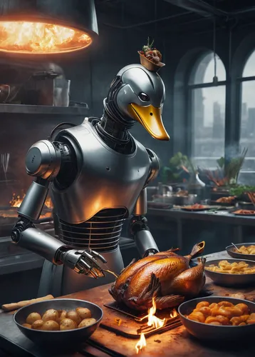 In a futuristic setting, imagine a robot chef preparing an exquisite roasted duck for a group of curious onlookers.,fry ducks,roasted duck,ratatouille,roasted pigeon,roast duck,chef,thanksgiving backg