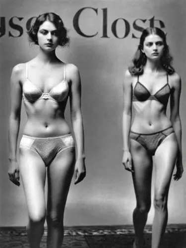 Bily and Mila on the catwalk, presenting underwear,two women in underwear are standing on a runway,mannequins,closetful,closets,women's closet,glossitis,negligees,Photography,Black and white photograp