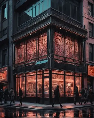 Modern storefront, art deco style, glass facade, steel frames, ornate details, vibrant neon lights, evening time, urban setting, cityscape, busy street, people walking by, reflections on glass, geomet