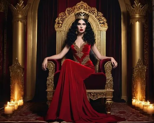 Scorpio Queen, regal woman, mysterious eyes, bold eyeliner, dark lipstick, curly black hair, crown, luxurious fur coat, red velvet dress, high heels, ornate throne, lavish interior, golden decorations