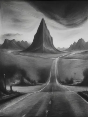 charcoal drawing black and white,drawing of a road passing through mountains and a sky,pinhole,mountain road,road to nowhere,the road,virtual landscape,mountain highway