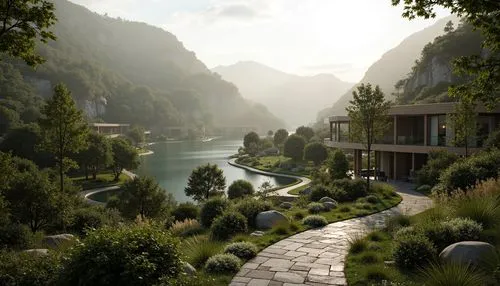 rivendell,riftwar,gondolin,fantasy landscape,cryengine,riverwood,river landscape,nargothrond,ithilien,beleriand,rendalen,dorne,green valley,mountain settlement,oberland,landscape background,alpine village,riverlands,wudang,riverside