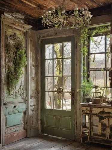 victorian kitchen,rustic,country cottage,rustic aesthetic,shabby,gustavian,sunroom,french windows,inglenook,houseplants,dandelion hall,vintage kitchen,garden shed,old victorian,country house,victorian room,bay window,abandoned house,ornate room,overgrowth,Illustration,Black and White,Black and White 03