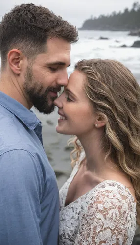 Man stares lovingly at his fiancé during their engagement photos in Ucluelet. photographed by Tofino photographer Kaitlyn Shea.,pre-wedding photo shoot,wedding photo,romantic portrait,social,love in t