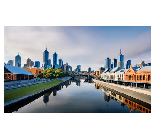 Melbourne cityscape, urban landscape, modern architecture, Yarra River waterfront, Princes Bridge, Federation Square, Flinders Street Station, morning mist, soft sunlight, panoramic view, low-angle sh