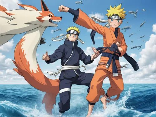 nine-tailed,naruto,boruto,dragon slayer,father-son,shinkiari,iaijutsu,sea scouts,father son,god of the sea,father and son,sailing orange,two fish,protect,dragon slayers,seafaring,surf fishing,fathers and sons,sea god,fruits of the sea,Illustration,Realistic Fantasy,Realistic Fantasy 19