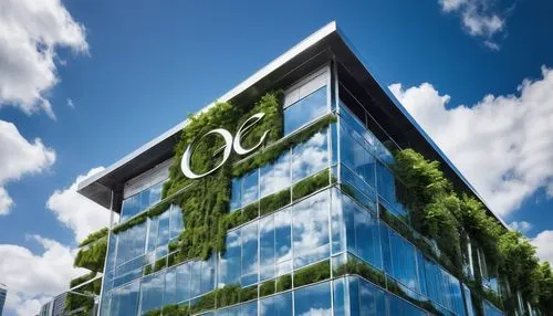 Modern office building, sleek glass facade, silver metal frames, minimalist design, Google logo signage, rooftop garden, greenery, urban landscape, cityscape, blue sky, fluffy white clouds, afternoon 