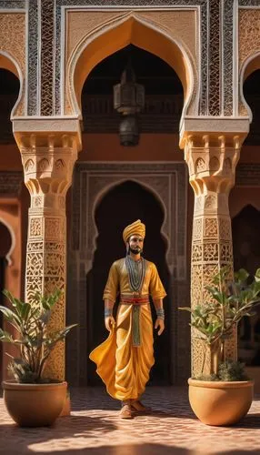 Ancient Amazigh architecture, traditional Moroccan riad, intricately carved stucco walls, ornate tile work, geometric patterns, arches, columns, grand courtyard, fountain, lush greenery, lanterns, war