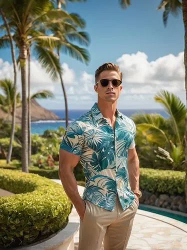 Male photographer, 30s, muscular, fit, athletic build, short hair, sunglasses, Hawaiian shirt, khaki pants, sneakers, camera equipment, tripod, Hawaii architecture, modern villa, luxurious mansion, tr