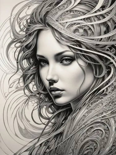 behenna,fluidity,pencil drawings,windswept,krita,sirene,Illustration,Black and White,Black and White 01