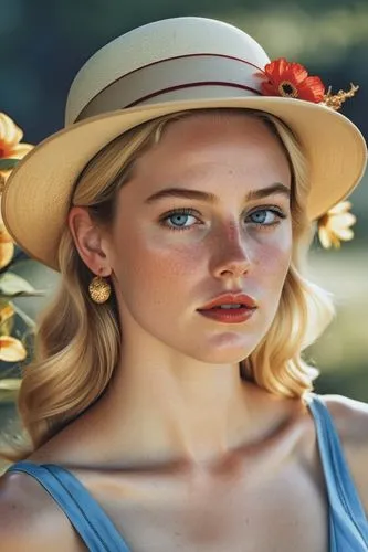 Close-up portrait of a young woman with striking features, displaying a thoughtful or introspective expression. Her face is highlighted by bright blue eyes, red lipstick, and delicate freckles dusting