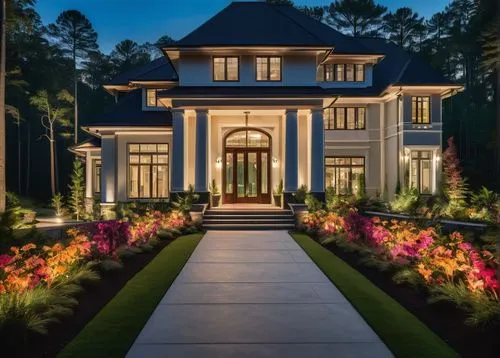 Luxurious modern villa, custom architectural design, Powder Springs GA, American suburban style, large windows, white pillars, sloping roof, grand entrance, double doors, intricate door handles, lush 