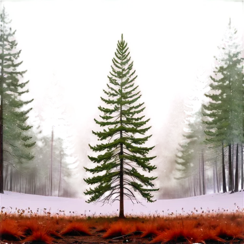 Tall pine tree, evergreen needles, slender branches, conical shape, rough brown trunk, roots deep in earth, snowflakes gently falling, misty morning atmosphere, soft diffused light, panoramic view, ci