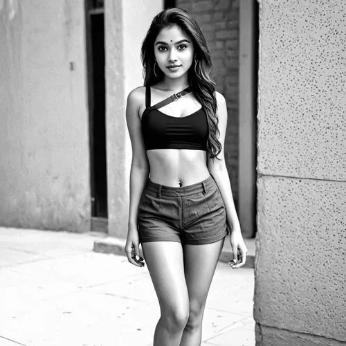 the image is a black and white po of a girl,street shot,concrete chick,chicana,hudgens,chachi,concrete background,Design Sketch,Design Sketch,Black and white Comic