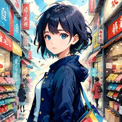 mulher glamurosa, cabelos  cor de mel, e olhos azuis, com uma roupa de shopping, branca e linda,,anime japanese clothing,convenience store,ganai,colorful background,shopping icon,shibuya,osaka,nico,sh