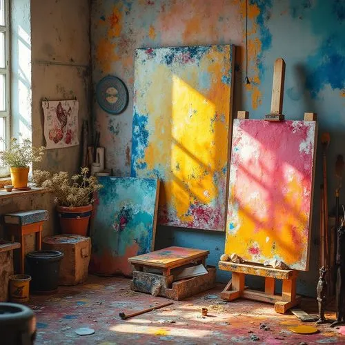 atelier,palette,italian painter,abandoned room,the living room of a photographer,bohemian art,house painting,studio light,colori,painter,color wall,painting technique,couleurs,morning light,artist color,colorful life,color palette,light of art,colorful light,the little girl's room,Photography,General,Realistic