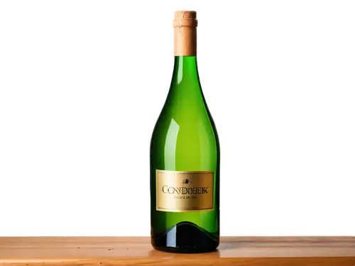 Wine bottle, green glass, cork stopper, golden label, curved body, narrow neck, transparent contents, condensation droplets, wooden table, dim lighting, still life, soft focus, warm color tone, shallo