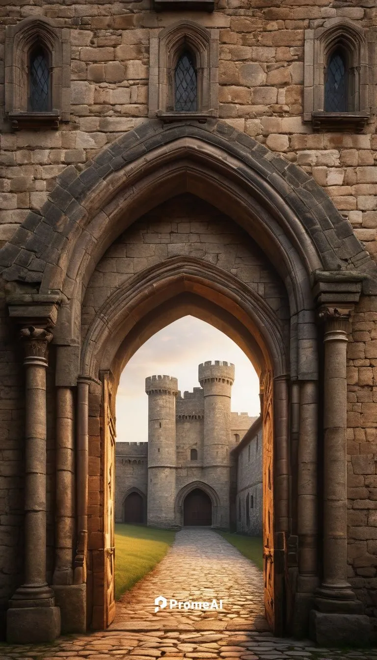 Cannons, ancient architecture, medieval, stone walls, arched windows, Gothic style, intricate carvings, grand entrance, fortified towers, moat surrounding, misty morning, soft warm lighting, cinematic