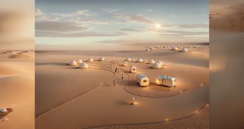 light color wood caravan without wheels and windows ,the desert is set up for a live event,luminarias,dubai desert,burning man,libyan desert,luminaries,angel lanterns