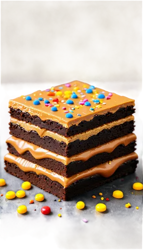 Square-shaped brownie, chocolate frosting, rich aroma, golden crust, cracked surface, sprinkles on top, creamy texture, morning light, shallow depth of field, warm color tone, 3/4 composition, soft fo