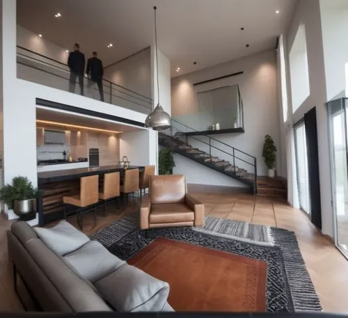 Design a minimalist style loft in an open space with double height. The living room has modern armchairs and a Persian-style rug on a wooden floor. The kitchen has a bar with modern finishes. There is