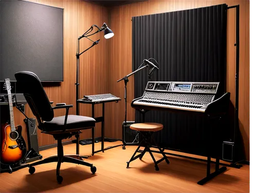 Recording studio, microphone, soundproofing panels, mixing console, professional audio equipment, headphones, acoustic guitar, music stand, ergonomic chair, warm lighting, 3/4 composition, shallow dep