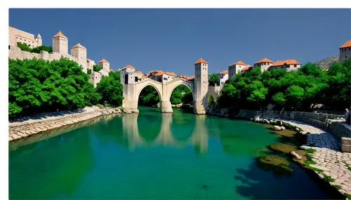 Balkan architecture, historic building, stone walls, ornate details, green roofs, tall minarets, Mostar old bridge, Neretva river, scenic view, sunny day, clear blue sky, 3/4 composition, warm color t