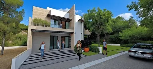 DISEÑO EXTERIOR DE UNA CASA ESTILO RESIDENCIAL, CON MUROS CON MARMOL TRAVERTINO Y MUROS EN COLOR BLANCO Y GRIS, AÑADE AUTOS, PERSONAS Y VEGETACIÓN,CORRECCION DE ERRORES, FOTOGRAFIA HIPERREALISTA,two s