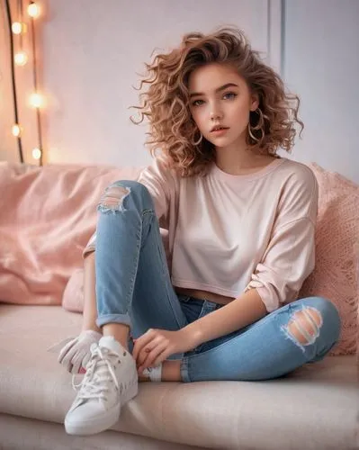 jeans background,romantic look,relaxed young girl,beautiful young woman,sofa,puma,angelica,ripped jeans,girl sitting,portrait background,teen,girl in t-shirt,legs crossed,on the couch,pretty young woman,model beauty,female model,sneakers,young woman,sitting on a chair,Art,Artistic Painting,Artistic Painting 44