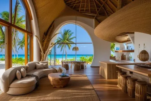 THATCHED ROOF MALDIVES LUXURIOUS RESORT ON BEACHFRONT WITH SAND , THATCHED ROOF FINISH, 8k ultra realistic,mustique,amanresorts,holiday villa,palmilla,tropical house,beachfront,luxury home interior,ca