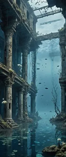 abandoned place,atlantis,gunkanjima,sunken church,underwater landscape,ancient city,underwater oasis,lost place,underwater background,yamatai,abandoned places,aquarium,imperial shores,house of the sea,atlantik,aquaculture,midwater,industrial ruin,underwater playground,submerged,Conceptual Art,Fantasy,Fantasy 33