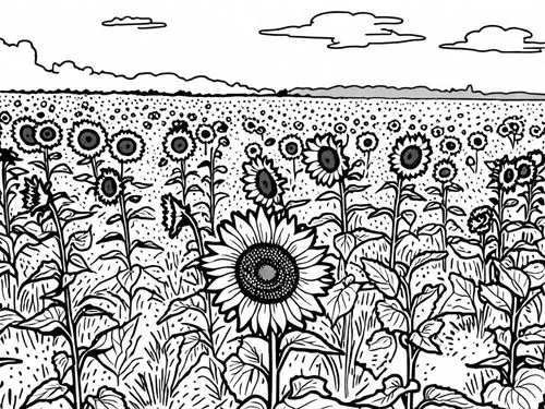 a sunflower field with a sky in the background,sunflower field,sunflowers,field of flowers,flower field,flowers field,sunflower coloring,Design Sketch,Design Sketch,Rough Outline