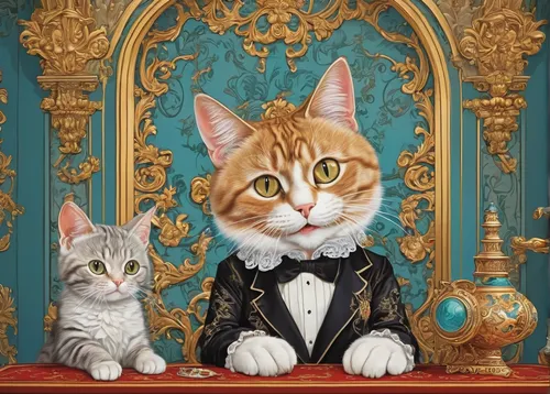 aristocrat,vintage cats,tuxedo,figaro,two cats,cat portrait,napoleon cat,regal,wedding couple,fancy,gentlemanly,caterer,pet portrait,romantic portrait,formal attire,royalty,victorian style,wedding photo,tuxedo just,the cat and the,Conceptual Art,Fantasy,Fantasy 22