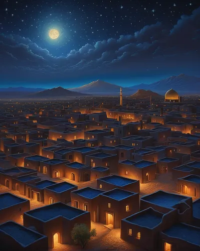 bethlehem,night scene,human settlement,nativity village,ramadan background,world digital painting,rem in arabian nights,aurora village,ancient city,samarkand,city at night,altiplano,riad,christmas landscape,ulaanbaatar,moon valley,bedouin,caravansary,christmas town,night image,Illustration,Realistic Fantasy,Realistic Fantasy 27