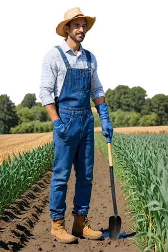 Farmworker, agriculture, male, 30s, rugged, strong build, worn denim overalls, plaid shirt, straw hat, gloves, muddy boots, holding farming tool, standing in field, wheat or corn background, warm sunn