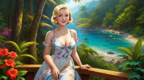 Romantic masterpiece oil painting, cute girl portrait, nostalgic 1950's style kitsch, vibrant rainforest landscape, lush tropical jungle paradise, summer beach cottage scenery, by Thomas Kinkade, by B