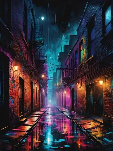 alleyway,alley,cyberpunk,colorful city,blind alley,world digital painting,rainy,neon lights,black city,fantasy city,city lights,blue rain,nightlife,night scene,laneway,rainstorm,neon arrows,monsoon,musical background,raindops,Conceptual Art,Fantasy,Fantasy 34