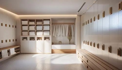 a dressing area is shown with beige cabinets and drawers,walk-in closet,hallway space,pantry,columbarium,mudroom,modern minimalist bathroom,Photography,General,Realistic