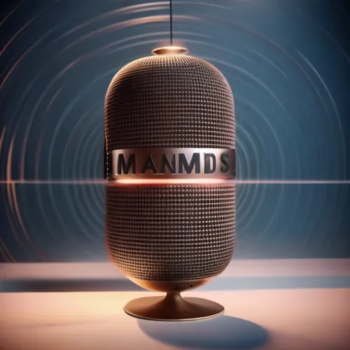 Bluetooth speaker is Bass  ,the words mammds in a voice recorder with an abstract background,cinema 4d,aramid,mic,studio microphone,digital bi-amp powered loudspeaker,microphone