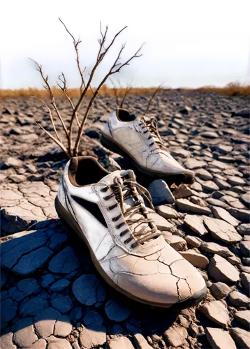 Dry cracked earth, withered plants, wilting flowers, barren trees, sunny sky, few white clouds, hot atmosphere, cracked lips, dry riverbed, rocky terrain, worn-out shoes, tired expression, sweat dropl