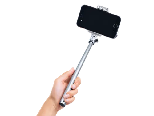 Selfie stick holder, handheld, metallic material, silver color, ergonomic design, rounded grip, compact size, selfie camera, smartphone attached, finger holding, natural light, casual expression, slig